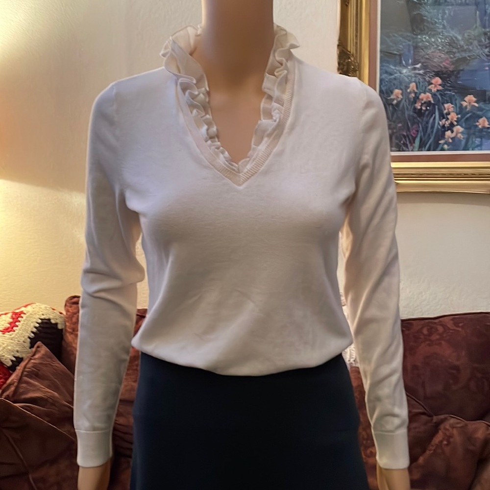 Chaps Cream Sweater with Ruffled Neckline.